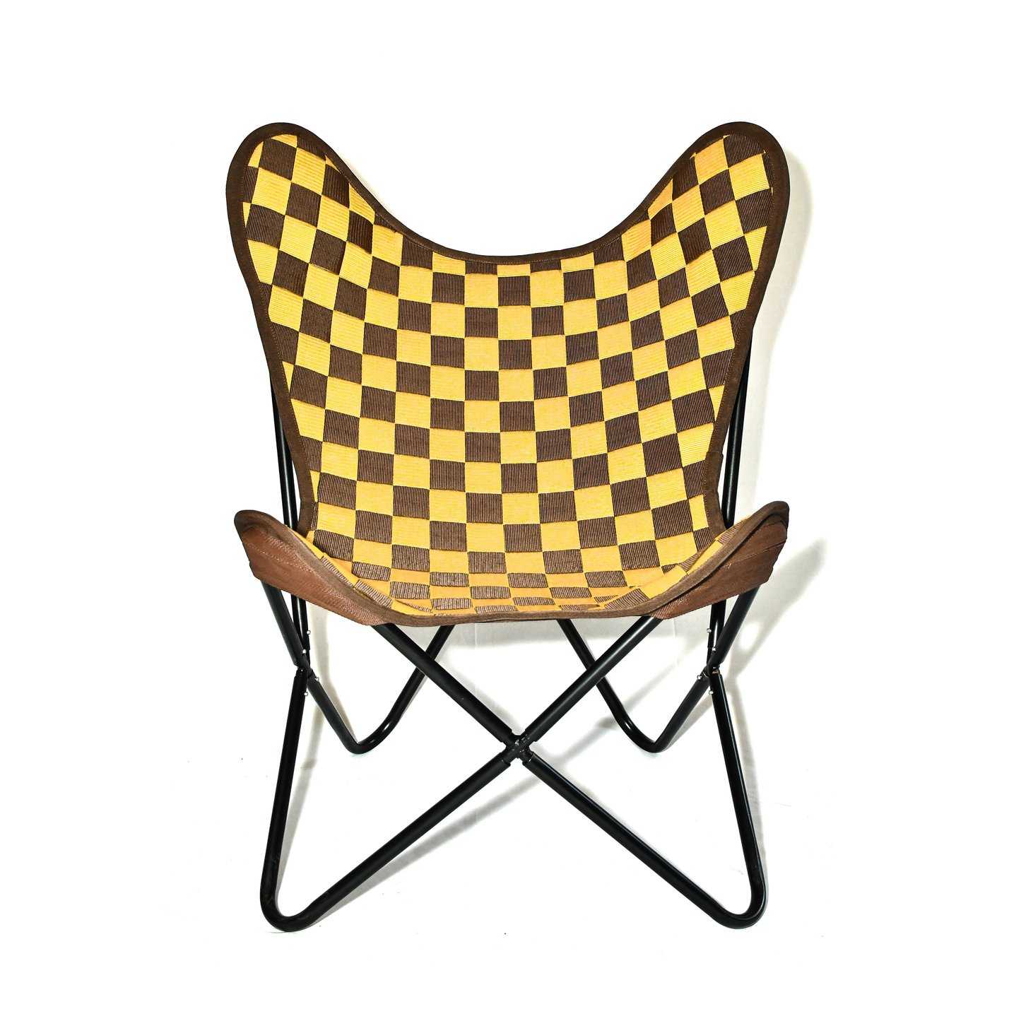 Butterfly Folding Chair – Yellow & Brown PP Checkered Polyester Seat with Black Powder-Coated Frame