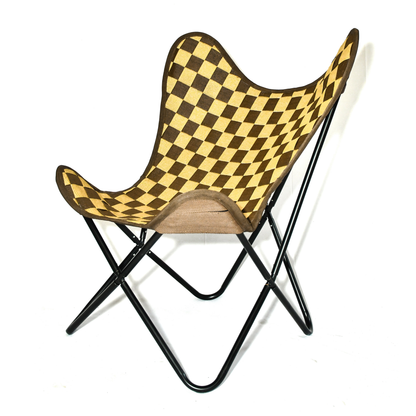 Butterfly Folding Chair – Yellow & Brown PP Checkered Polyester Seat with Black Powder-Coated Frame