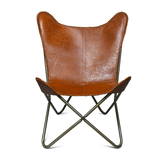Hand-Tooled Leather Butterfly Chair Flowering Print light Brown Cover with Brass Frame