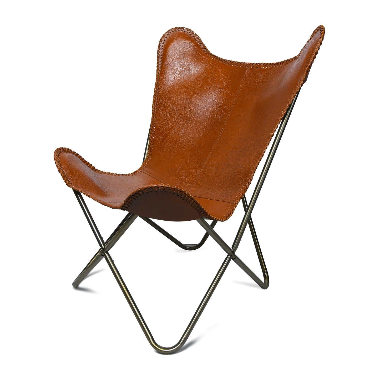 Hand-Tooled Leather Butterfly Chair Flowering Print light Brown Cover with Brass Frame