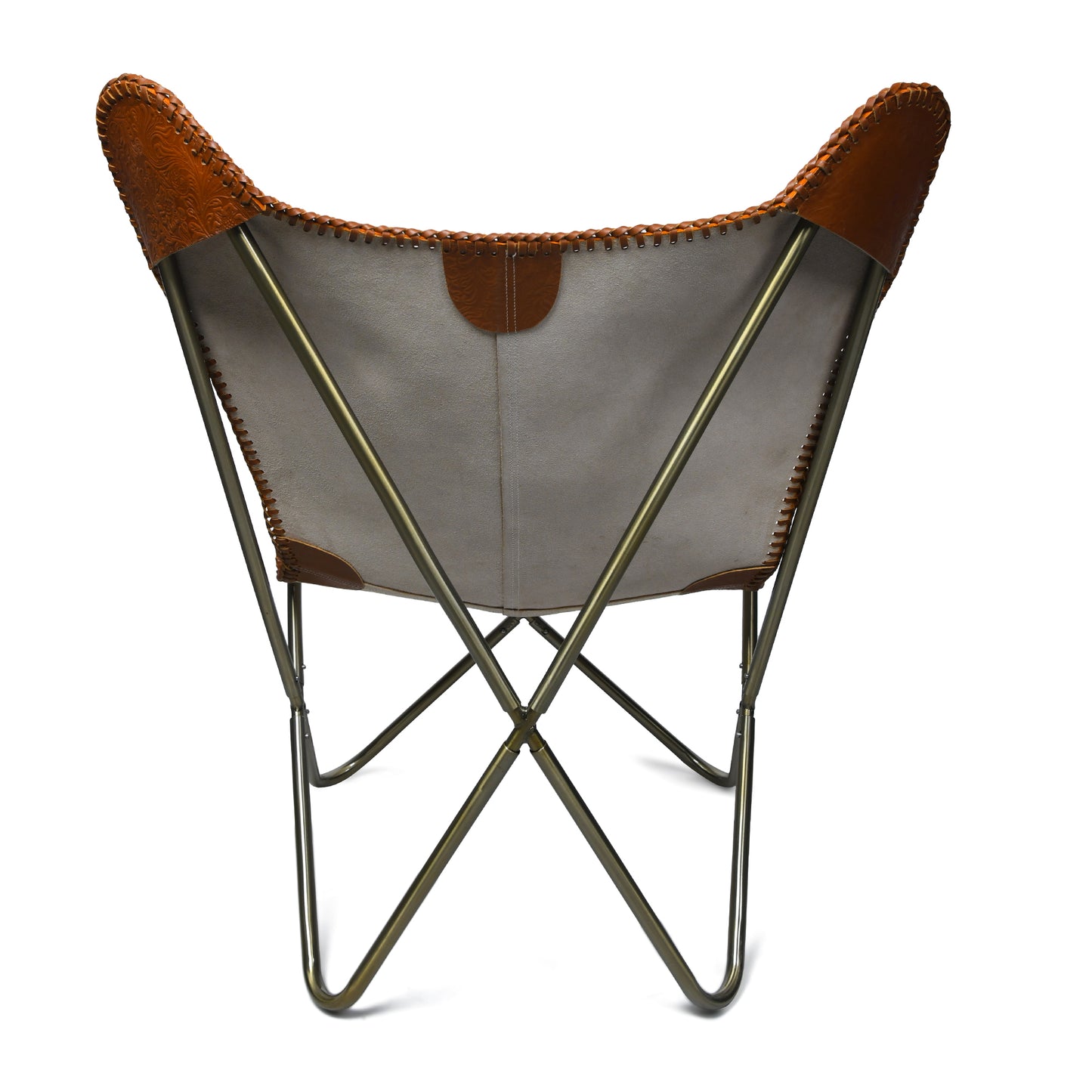 Hand-Tooled Leather Butterfly Chair Flowering Print light Brown Cover with Brass Frame