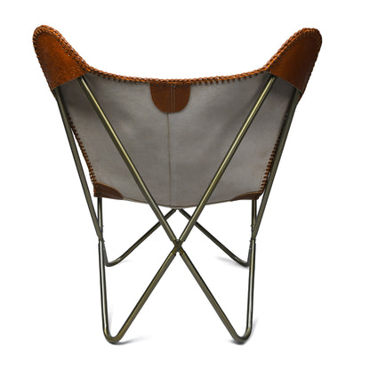 Hand-Tooled Leather Butterfly Chair Flowering Print light Brown Cover with Brass Frame
