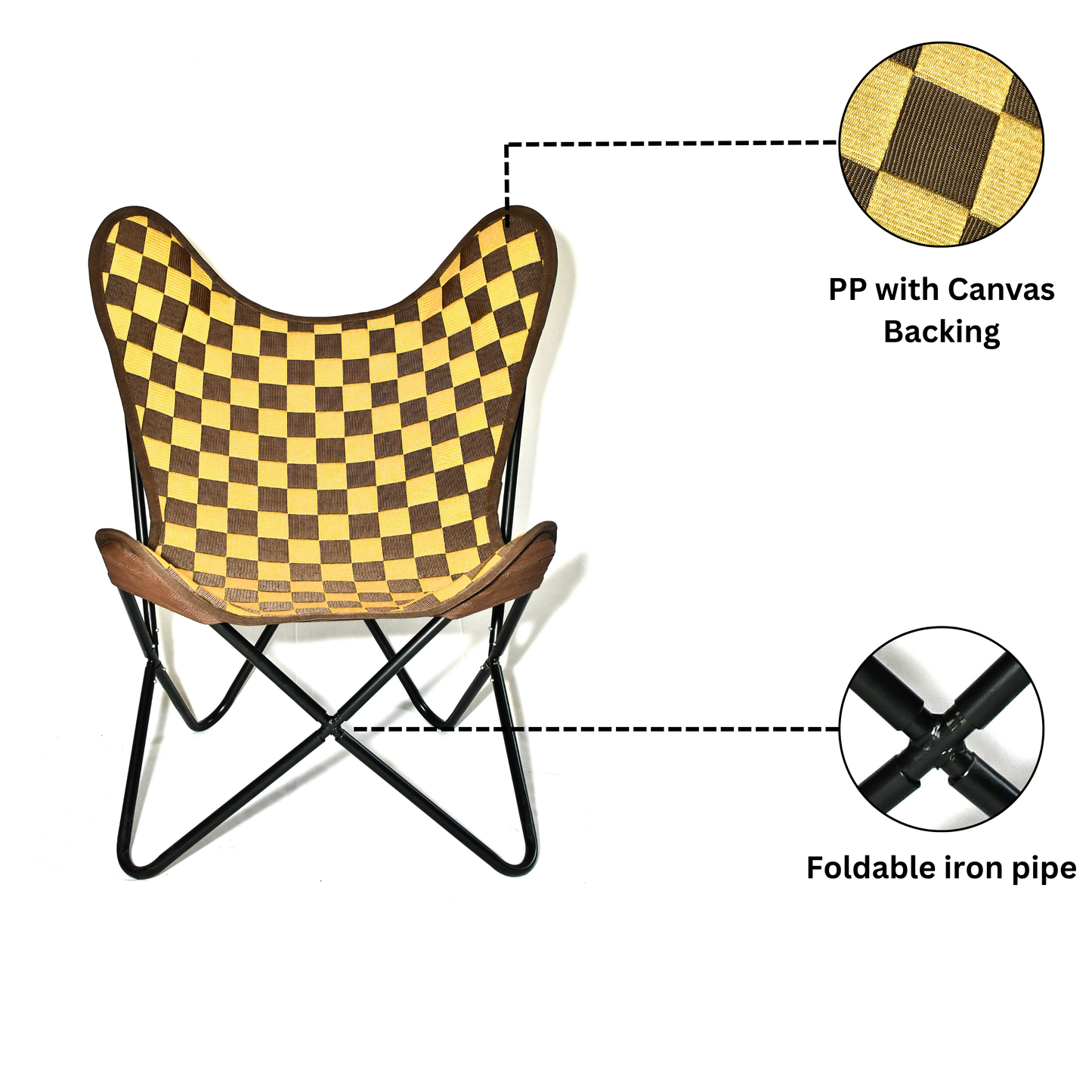 Butterfly Folding Chair – Yellow & Brown PP Checkered Polyester Seat with Black Powder-Coated Frame